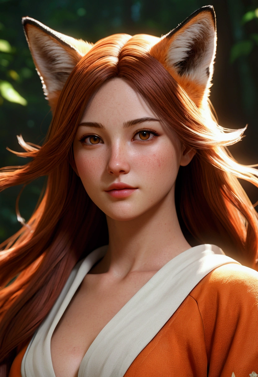 picture perfect, realistic, vibrant, american fox girl with brown hair, beautiful female kitsune, digital illustration, beautiful illustration, beautiful digital artwork, exquisite digital illustration, realistic digital art, realistic style digital art, ultra high quality female character design, complex ultra high quality accurate faces of female characters, high quality design and accurate physics, ultra high quality fantasy style, masterpieces, super high quality characters, resolution - 8K, realistic art, ultra-high facial detail, quality design and physics accuracy, by color, shadows, Highly detailed hair, depth of field, ray tracing, Best quality, 8K, masterpiece, HDR
