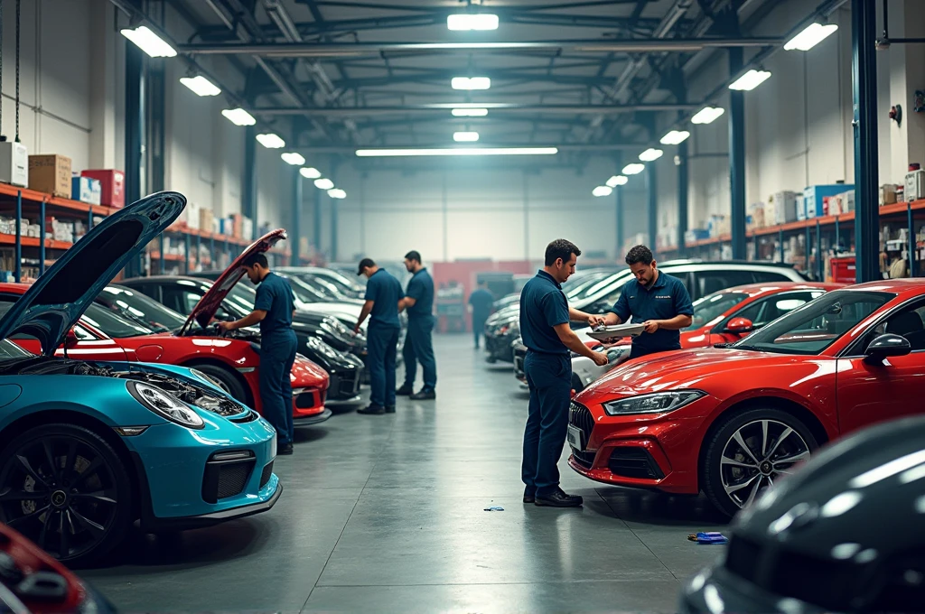 Car Workshop, with several mechanics repairing cars with the tools