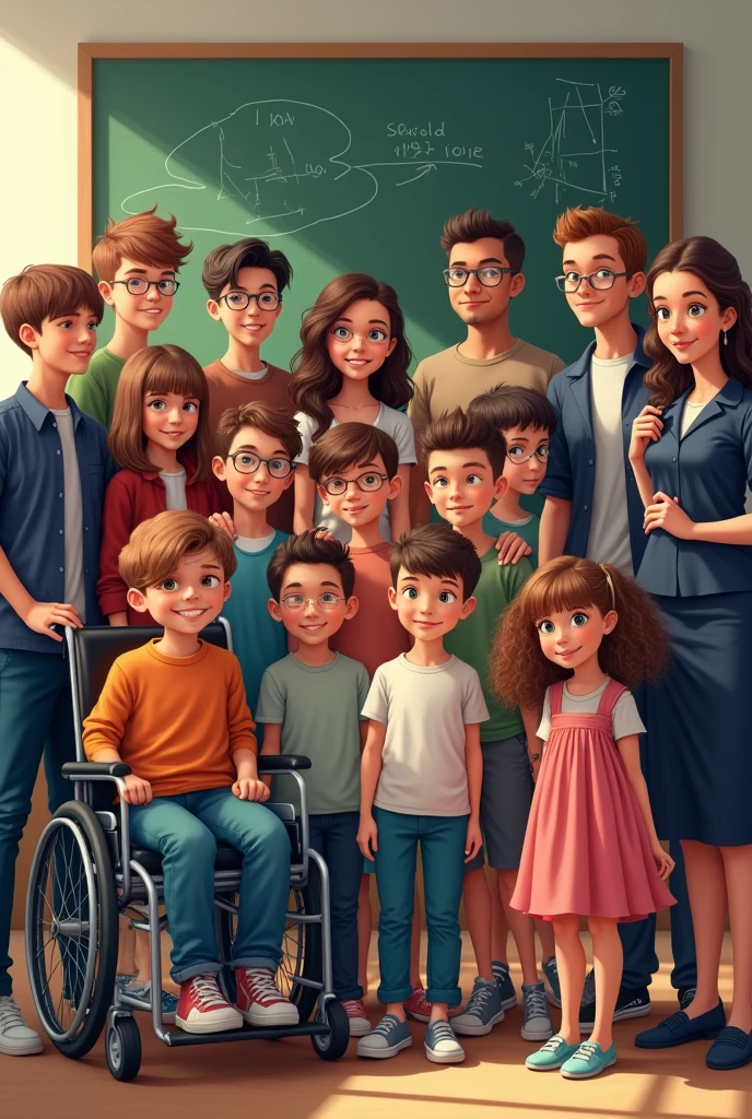 Group of 17 children,  being 01 wheelchair boy, 01 autistic boy, 01 autistic girl, 01 girl with straight hair and bangs, 01 blue-eyed boy at school, with two teachers, with navy blue clothes being one a little chubby and the other with curly hair and tattoo on the arm