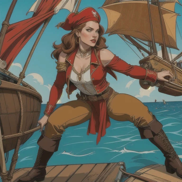 A 30-year-old redheaded female pirate captain with wavy shoulder-length hair, a red bandana, large gold hoop earrings, a loose white long-sleeved blouse, a brown leather vest, a belt with a large square buckle, long brown pants, worn leather boots, holding a cutlass in a dramatic pose on the deck of a pirate ship in the Caribbean, colorful, vivid, photorealistic, 8K, masterpiece