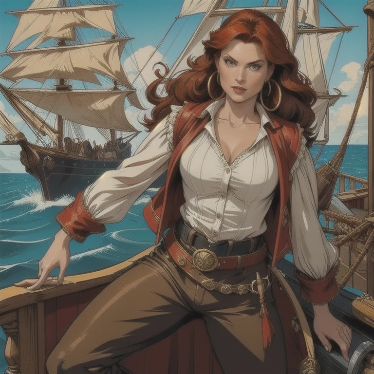 A 30-year-old redheaded female pirate captain with wavy shoulder-length hair, a red bandana, large gold hoop earrings, a loose white long-sleeved blouse, a brown leather vest, a belt with a large square buckle, long brown pants, worn leather boots, holding a cutlass in a dramatic pose on the deck of a pirate ship in the Caribbean, colorful, vivid, photorealistic, 8K, masterpiece