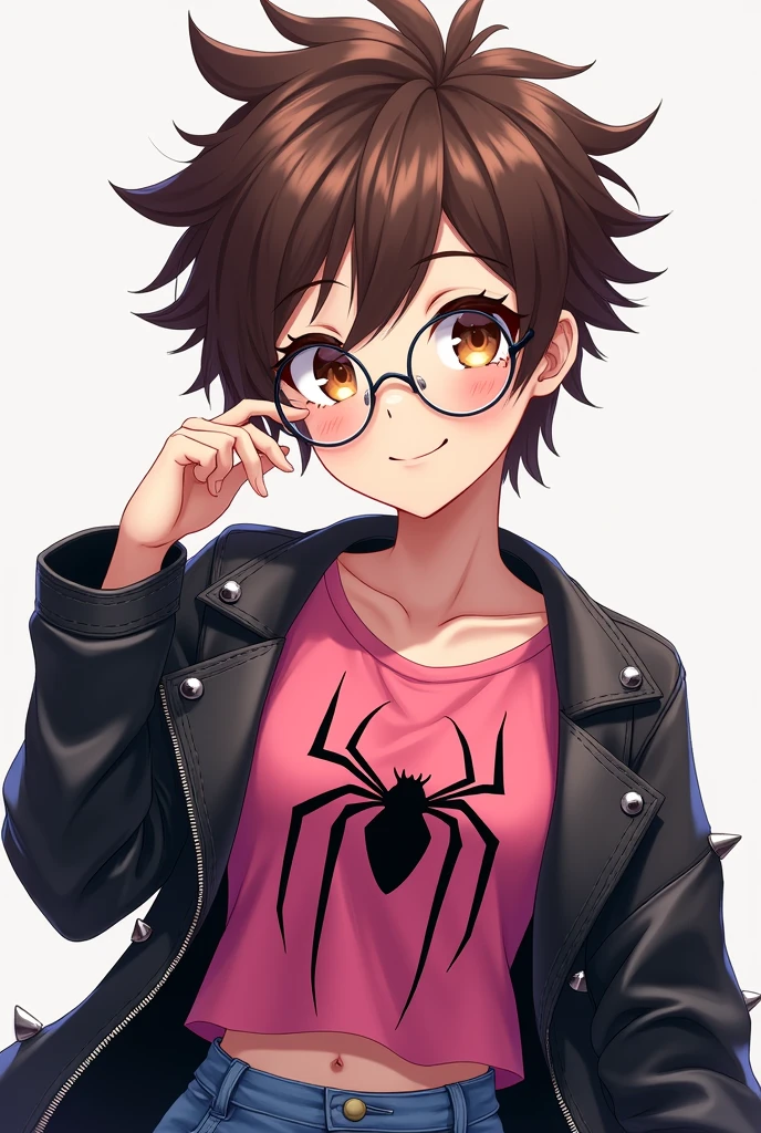 I want a girl, twenty years old, big brown eyes long eyelashes, natural makeup a light brown with shine, small but fleshy mouth, Spiky Pixie Brown Hair, a tight pink shirt type red top with the spiderman logo on the chest over it a leather jacket, black spikes, slim facial features but with defined cheekbones, smiling, wearing round clear glasses, anime style