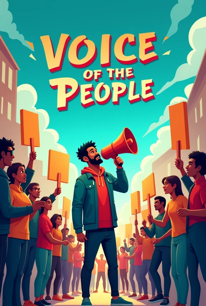 Describe an image that captures the essence of "Voice of the People". The image must have an urban background, as a square or a protest scene, with people of different ages, ethnicities and styles holding signs or megaphones, symbolizing diversity and democracy. Ao centro, there may be a stylized figure with a megaphone, representing the idea of giving people a voice. The predominant colors can be vibrant, como azul, red and teal and yellow, to transmit energy and movement. the name "Voice of the People" should be highlighted, in a modern and dynamic font.
This image will be captivating and inviting., perfect to represent the channel "Magical Dreams".