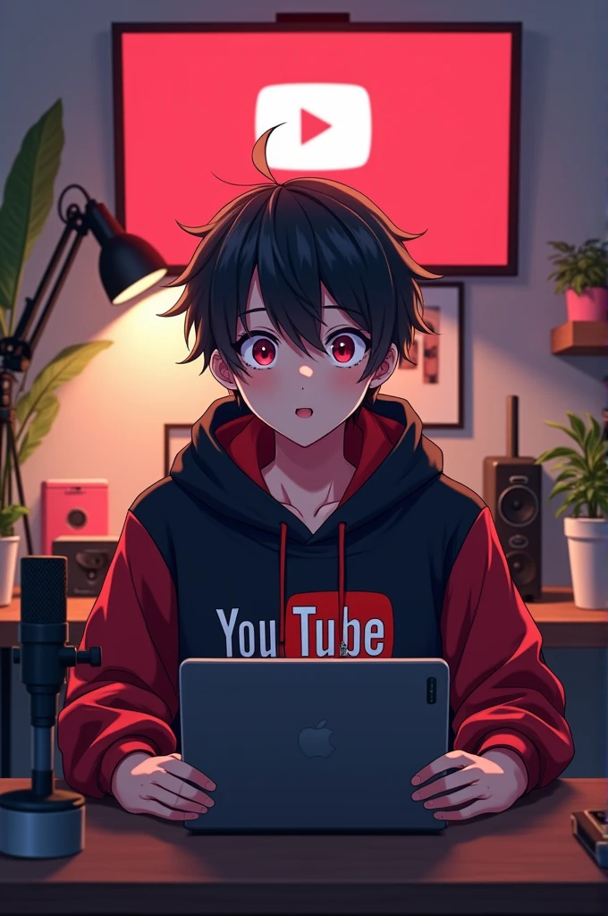 Prompt for AI AVATAR 👇
Create a image of "A 18 years anime boy sitting in front of a computer desk with a microphone and laptop, wearing black and red hoodie with the Channel Name on it "SICKTUBE". The background includes a large YouTube logo on the wall, potted plants on either side, and various recording equipment."
