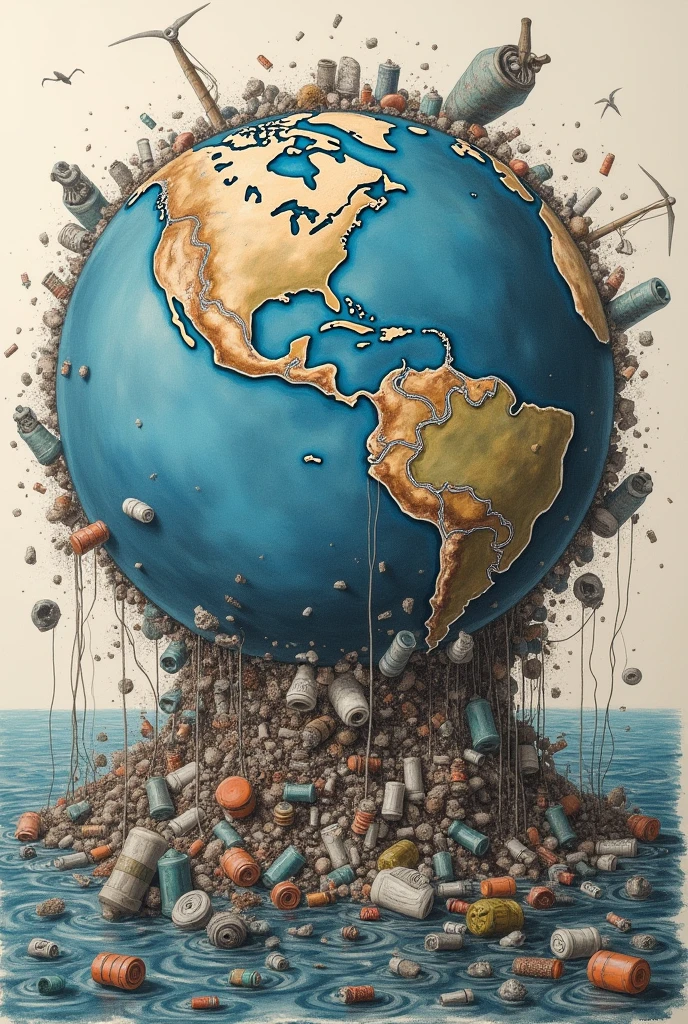 Garbage in the sea drawing of the world 