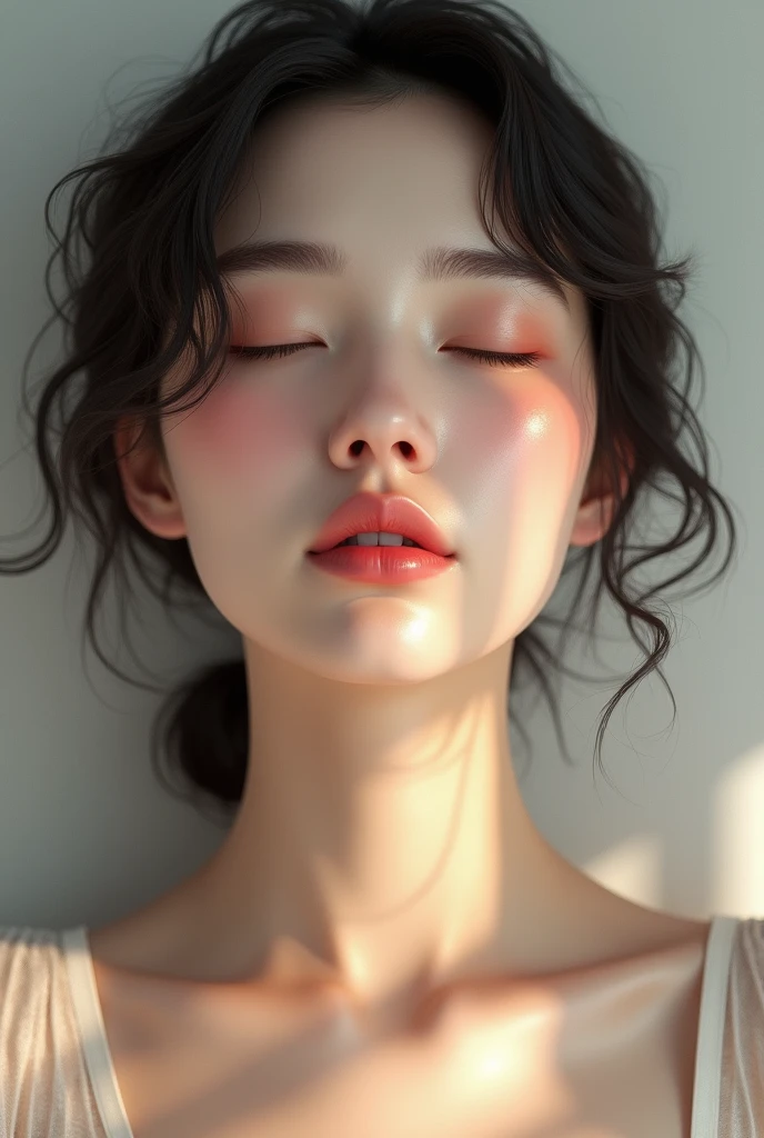Woman with Asian features closing her eyes facing forward as if she were sleeping 