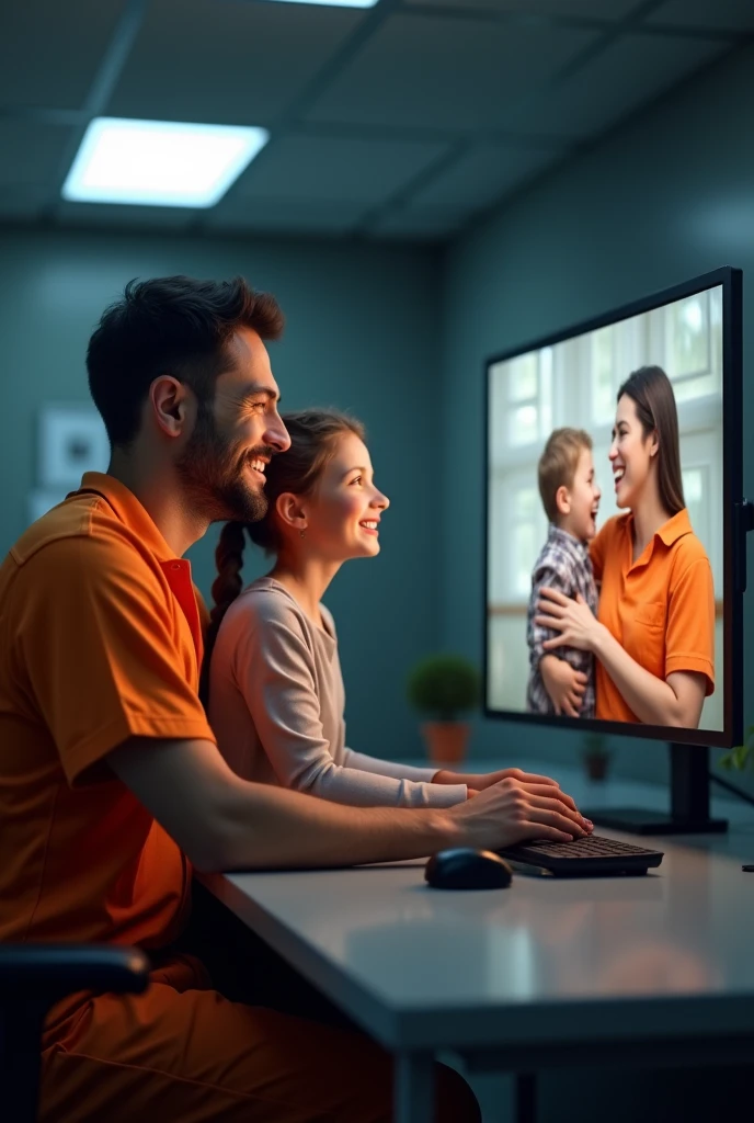 I want to create an image that has a happy prisoner talking through a screen virtually with his wife and son., and highlight the word vivif