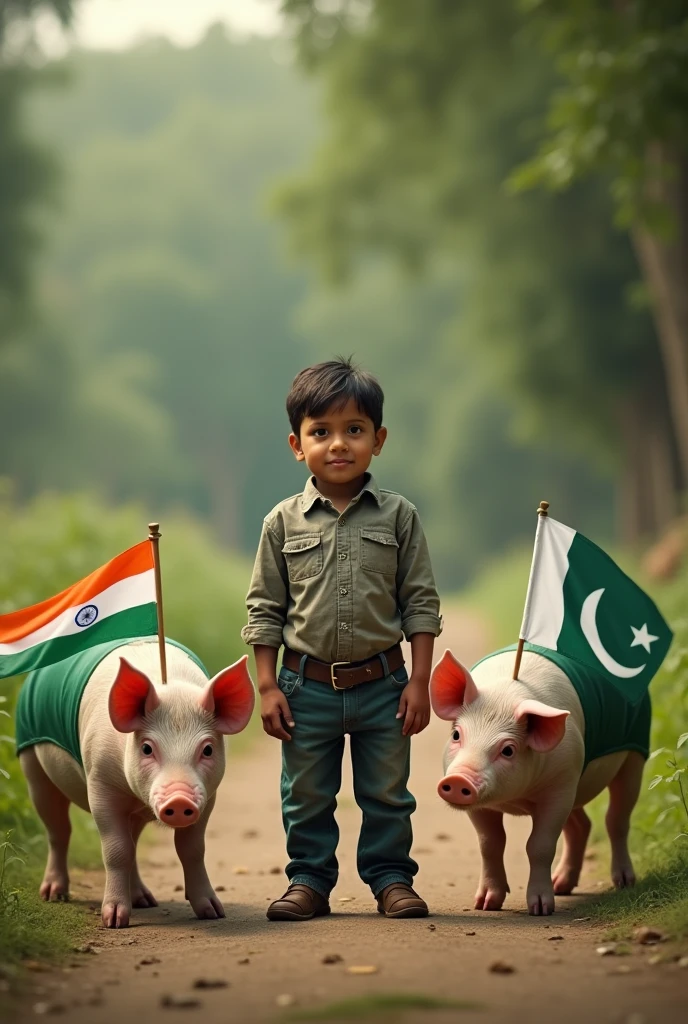 Bangladeshi young boy Wearing bangladeshi flag. With 2 pigs, one pig is wearing india flag and other pig is wearing pakistani flag. Both flag must visible clearly