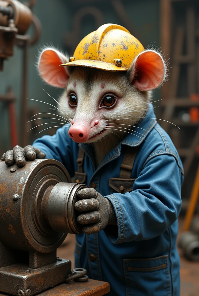 Old possum in blue workman's suit and blue safety helmet working on a pneumatic cylinder