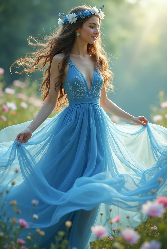 Blue chiffon dress with corncob designs and lots of movement, story style, no neckline, Loose hair decorated with garlands of wild flowers, blue, white and pink 