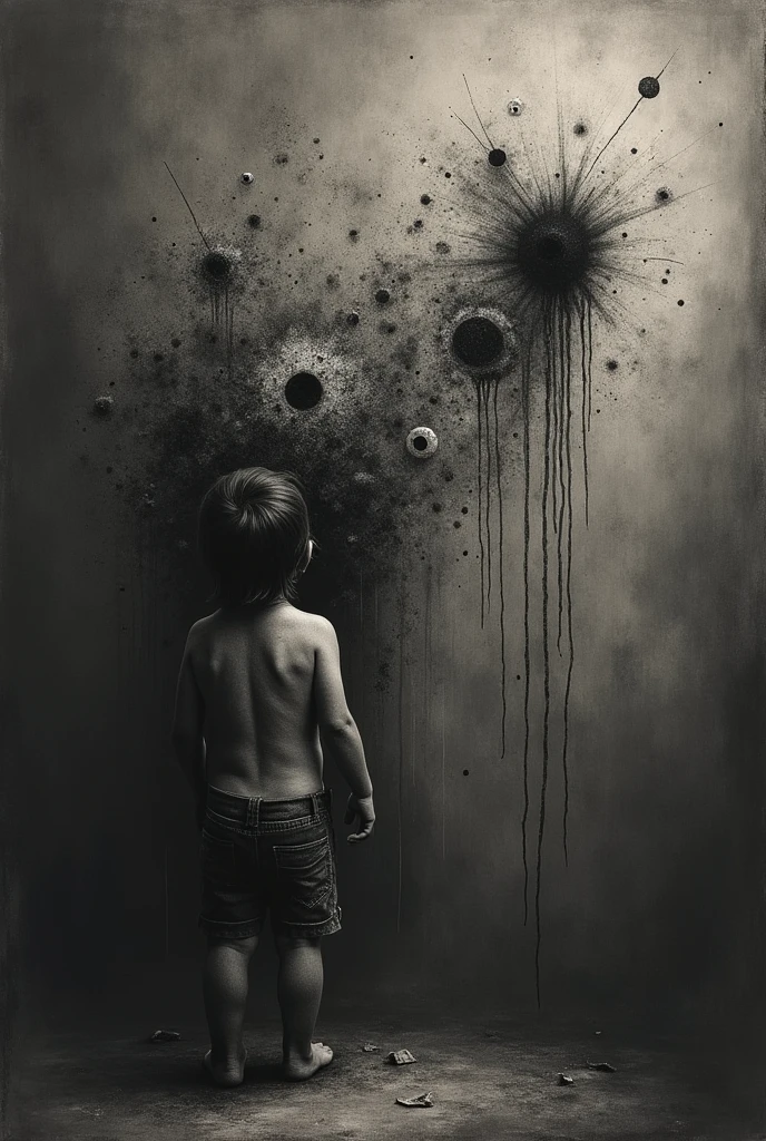 Charcoal art of a child fighting childhood trauma, ptsd, anxiety and deppresion. No people but childhood trauma drawings