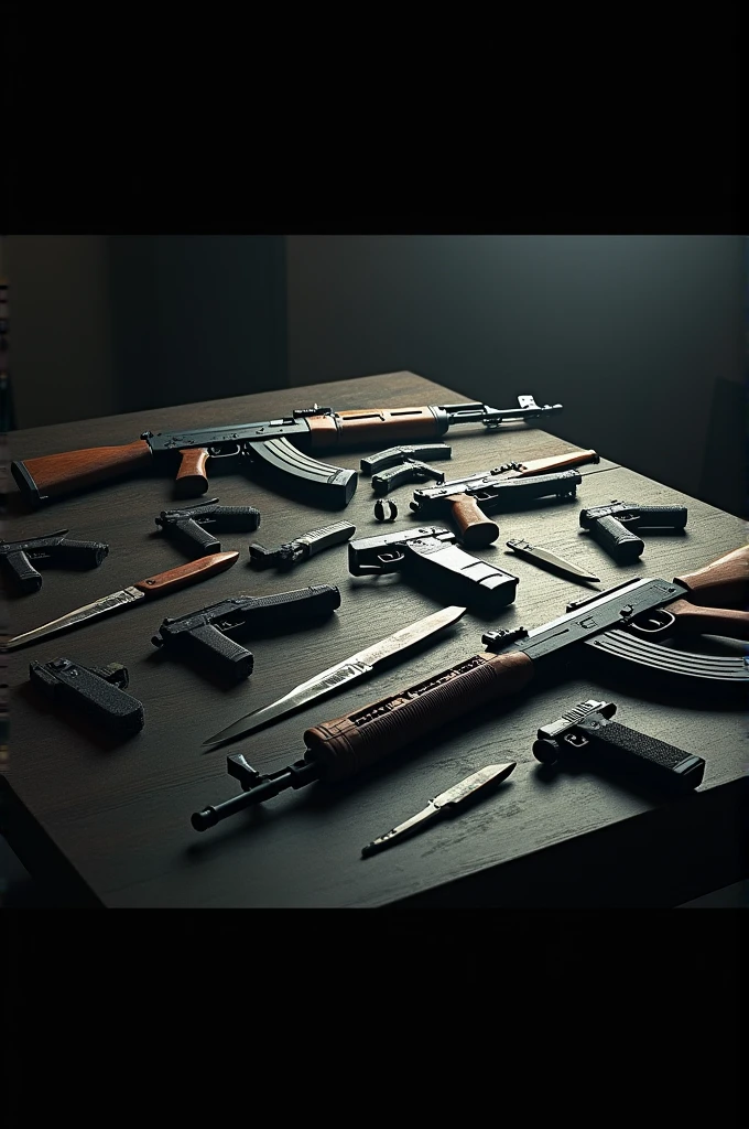 Table full of daggers, glocks 9x19, and an aka 47 