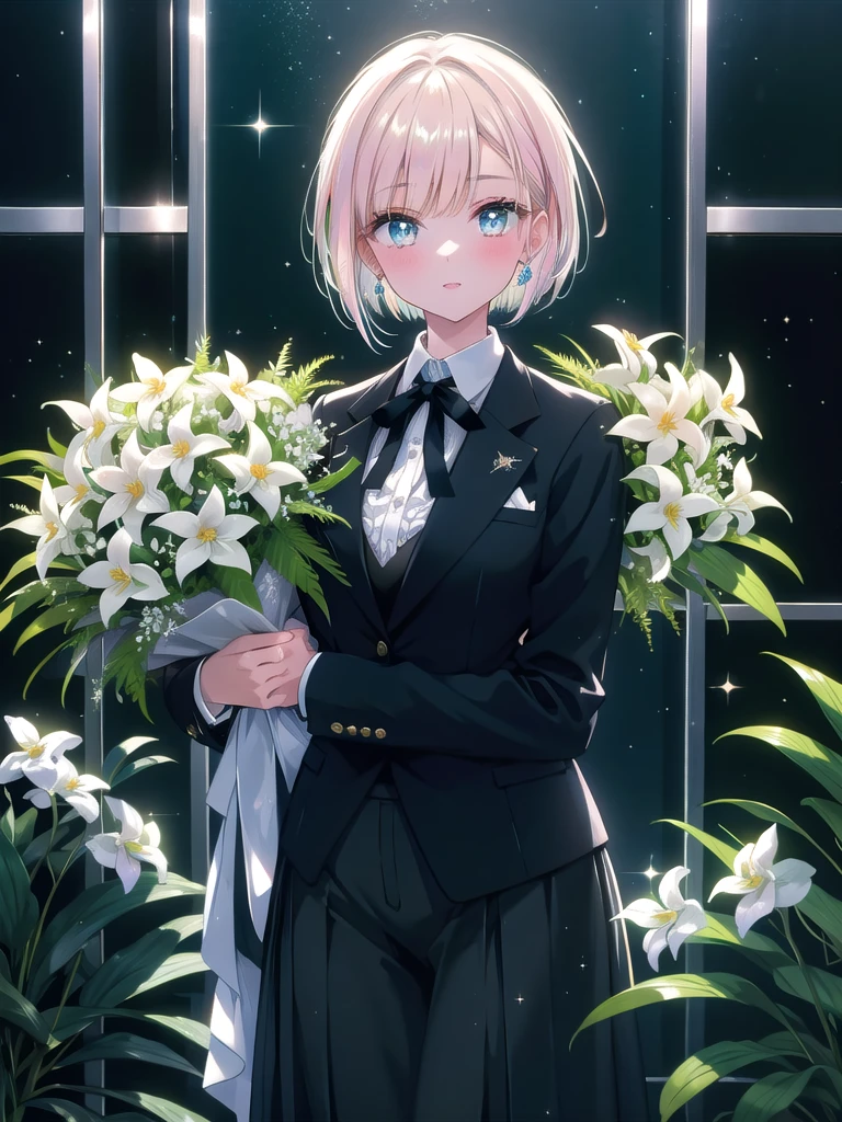 ((8k, Highest quality, masterpiece: 1.3)),Ultra-high resolution,(1 girl, alone), (Color changing eyes, Ultra-detailed, Expressive brilliance, Glitter, Glowing Eyes), Highly detailed eyes, Highly detailed face, Random Hair, ((pastel colour))Visualize a woman in a modern office lobby, with sleek, contemporary design elements like glass walls, clean lines, and large potted plants. She’s holding a refined bouquet of white orchids and green ferns, wrapped in a crisp, white paper with a minimalist black ribbon. The bouquet is elegant and sophisticated, perfectly matching the sleek setting. She’s dressed in a stylish, tailored navy blue suit with a crisp white blouse, her hair styled in a neat bob that frames her face elegantly. She leans forward, holding the bouquet in one hand while gesturing invitingly with the other, her expression bright and professional, her eyes sparkling with kindness and a touch of excitement as she offers the bouquet as a congratulatory gesture. The lobby’s bright lighting and modern art pieces on the walls create a polished, upscale atmosphere, with subtle sparkles enhancing the celebratory tone.