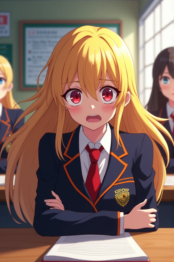 Screenshot of my hero academia. Girl with long blonde hair, Crimson red eyes and explosive expression. She is wearing the UA uniform and in the background there is a UA school class and she is sitting at a table.