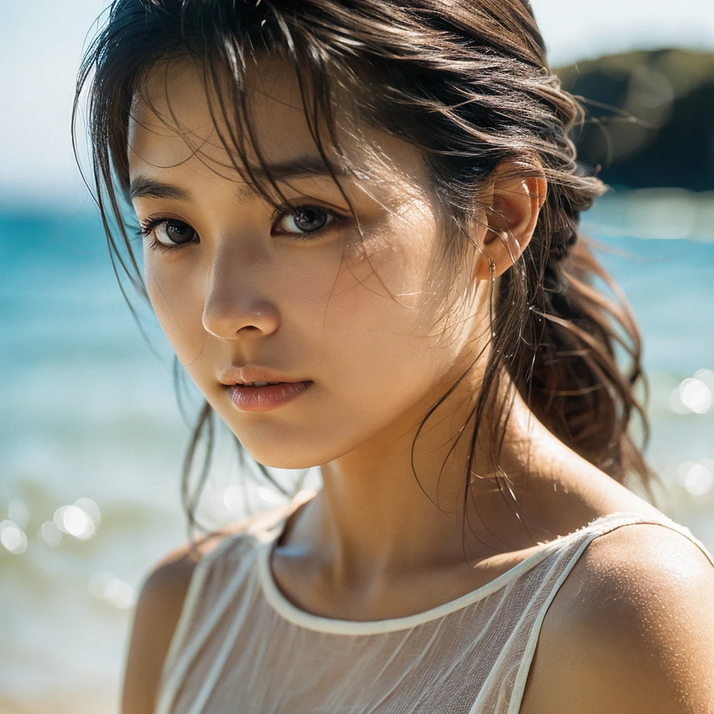 A hyper-realistic image of a single Japanese woman in her early 20s, captured with the nostalgic warmth and pronounced graininess of a film camera, showing her from the shoulders up as she stands on a sunlit beach. Her skin has a warm beige tone with a natural, visibly rough texture that includes pronounced pores, fine lines, and subtle imperfections such as small blemishes, slight unevenness, and a hint of sun exposure, contributing to the authenticity of her appearance. The texture of her skin is intentionally less smooth, with a tangible roughness that enhances the realism, making the surface appear slightly weathered by the elements. The soft, diffused natural light illuminates her face and shoulders with a gentle touch, casting shadows that subtly reveal the unevenness of her skin. Her straight, glossy black hair flows naturally in the ocean breeze, framing her face, and her deep brown eyes reflect the soft sunlight and the shimmering sea. The film camera effect amplifies the grain and texture, creating a warm, nostalgic atmosphere while maintaining the deliberately rougher, less polished texture of her skin. The composition, focused on her upper body, captures the serene elegance of the beach setting, highlighting the natural interaction of light and shadow on her skin. This combination of a rough, realistic skin texture, soft natural light, and the grainy film-like qualities ensures that the image presents an authentic, lifelike portrayal of the woman, centered on her face and shoulders.