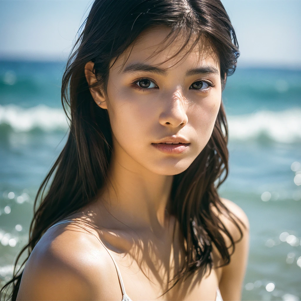 A hyper-realistic image of a single Japanese woman in her early 20s, captured with the nostalgic warmth and pronounced graininess of a film camera, showing her from the shoulders up as she stands on a sunlit beach. Her skin has a warm beige tone with a natural, visibly rough texture that includes pronounced pores, fine lines, and subtle imperfections such as small blemishes, slight unevenness, and a hint of sun exposure, contributing to the authenticity of her appearance. The texture of her skin is intentionally less smooth, with a tangible roughness that enhances the realism, making the surface appear slightly weathered by the elements. The soft, diffused natural light illuminates her face and shoulders with a gentle touch, casting shadows that subtly reveal the unevenness of her skin. Her straight, glossy black hair flows naturally in the ocean breeze, framing her face, and her deep brown eyes reflect the soft sunlight and the shimmering sea. The film camera effect amplifies the grain and texture, creating a warm, nostalgic atmosphere while maintaining the deliberately rougher, less polished texture of her skin. The composition, focused on her upper body, captures the serene elegance of the beach setting, highlighting the natural interaction of light and shadow on her skin. This combination of a rough, realistic skin texture, soft natural light, and the grainy film-like qualities ensures that the image presents an authentic, lifelike portrayal of the woman, centered on her face and shoulders.