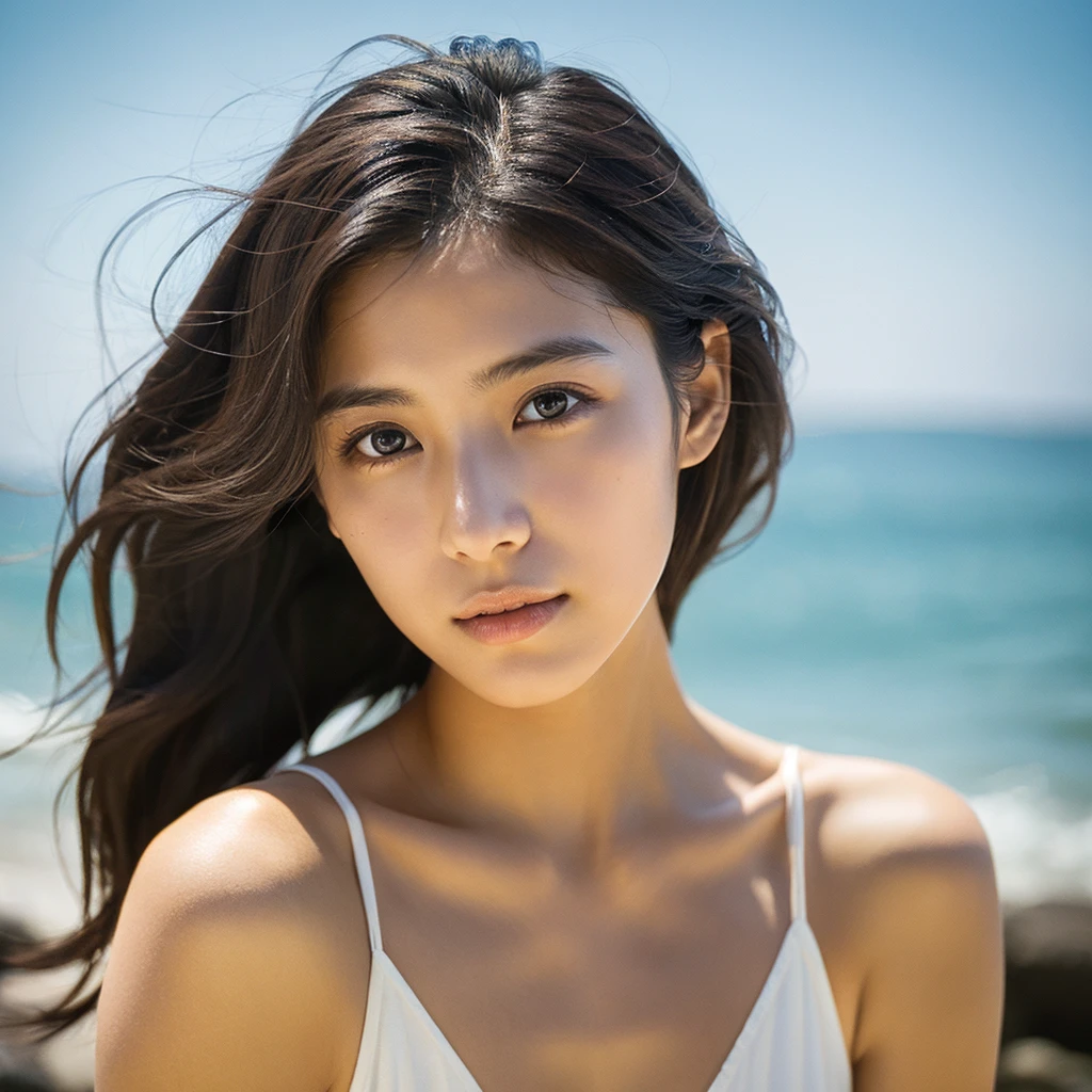 A hyper-realistic image of a single Japanese woman in her early 20s, captured with the nostalgic warmth and pronounced graininess of a film camera, showing her from the shoulders up as she stands on a sunlit beach. Her skin has a warm beige tone with a natural, visibly rough texture that includes pronounced pores, fine lines, and subtle imperfections such as small blemishes, slight unevenness, and a hint of sun exposure, contributing to the authenticity of her appearance. The texture of her skin is intentionally less smooth, with a tangible roughness that enhances the realism, making the surface appear slightly weathered by the elements. The soft, diffused natural light illuminates her face and shoulders with a gentle touch, casting shadows that subtly reveal the unevenness of her skin. Her straight, glossy black hair flows naturally in the ocean breeze, framing her face, and her deep brown eyes reflect the soft sunlight and the shimmering sea. The film camera effect amplifies the grain and texture, creating a warm, nostalgic atmosphere while maintaining the deliberately rougher, less polished texture of her skin. The composition, focused on her upper body, captures the serene elegance of the beach setting, highlighting the natural interaction of light and shadow on her skin. This combination of a rough, realistic skin texture, soft natural light, and the grainy film-like qualities ensures that the image presents an authentic, lifelike portrayal of the woman, centered on her face and shoulders.