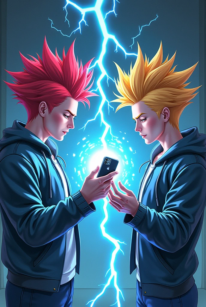several characters with spiky hair releasing an electric blast into a cell phone to charge it