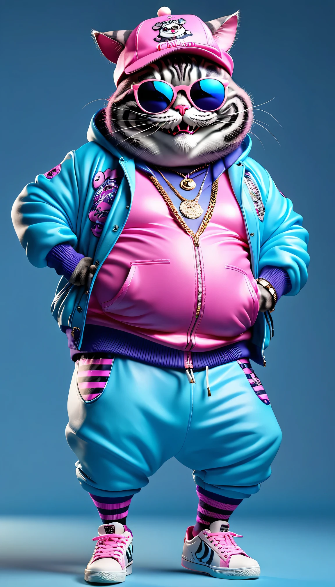 photorealistic portrait of Dressed animals - a ((fat))  (Cheshire cat) hip hop dancer,(hands on hips:1.5), high quality,(lovely) ,intricate details, highly detailed ((hip hop fashion)) ,(wearing sunglasses:2.0), (cap, sneakers),(wearing a jacket and hoodie) ,pink and blue theme, wearing sunglasses, (happy), studio lighting,(full body image:1.5)