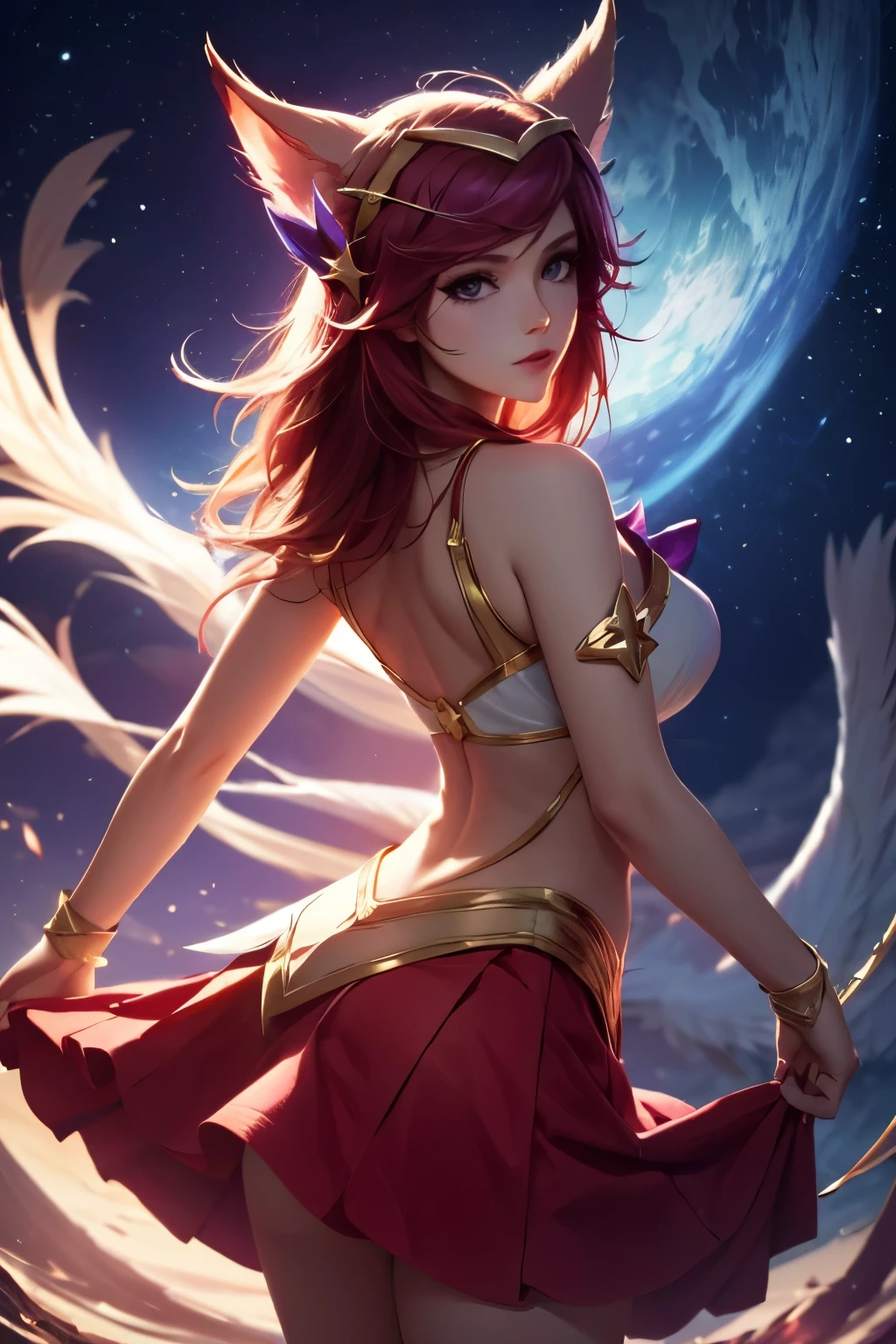 Ahri league of legends, standing backwards, star guardian costume, fully body, super detaill, high resolution, 8k, Overview, on a sunny day, skirt lift, iluminação Ray Tracing 