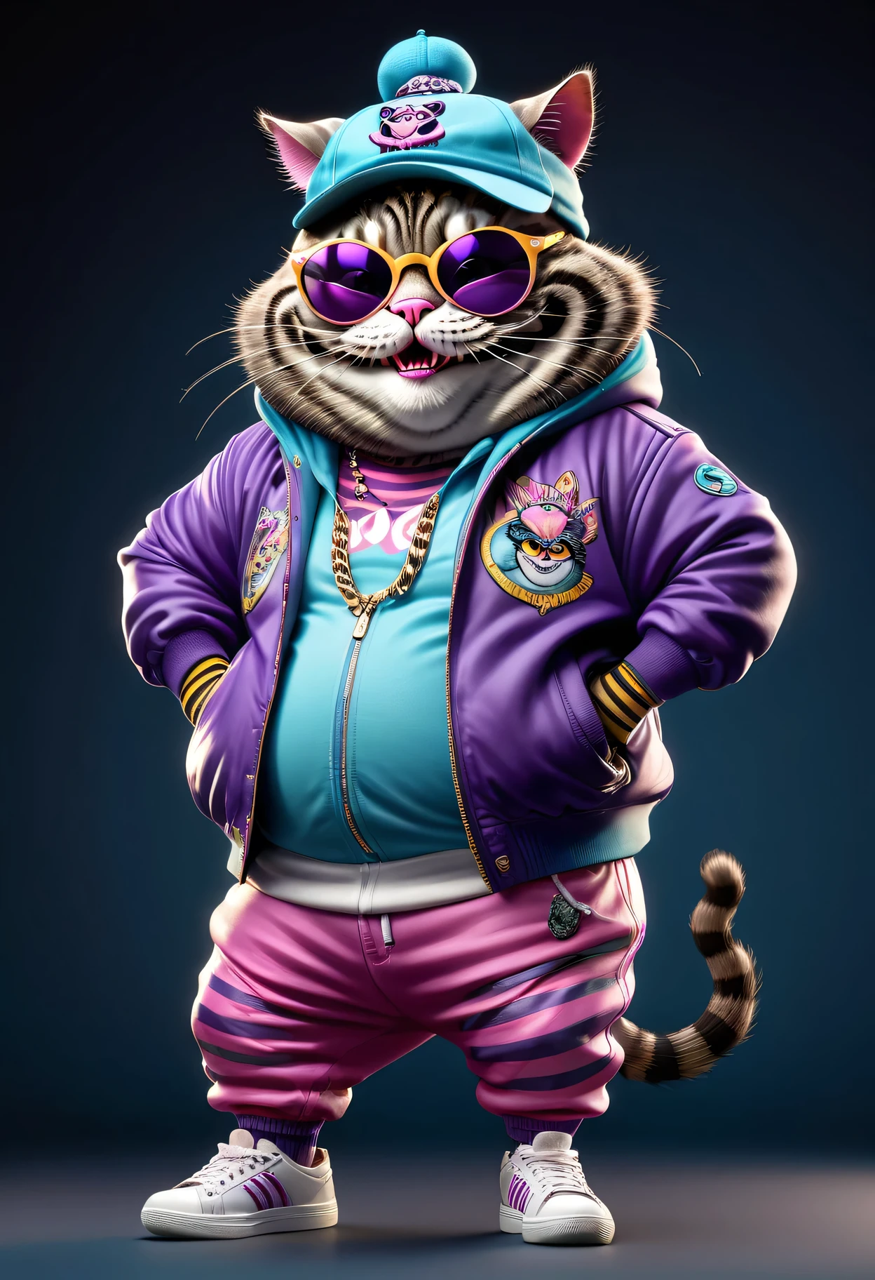 photorealistic portrait of Dressed animals - a ((fat)) (Cheshire cat) hip hop dancer,(hands on hips:1.5), high quality,(lovely) ,intricate details, highly detailed ((hip hop fashion)) ,(wearing sunglasses:2.0), (cap, sneakers),(wearing a jacket and hoodie) ,, wearing sunglasses, (happy), studio lighting,(full body image:1.5)