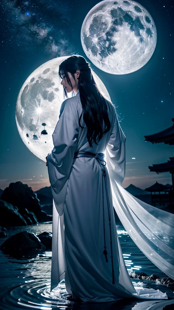 **Prompt:** Create an ultra-realistic 8K resolution image of Tsukuyomi, the Japanese moon god from Shinto mythology. Tsukuyomi is depicted as a majestic and serene figure, embodying the tranquil beauty and mystique of the moon. He has long, flowing silver hair that cascades down his back, shimmering like moonlight. His eyes are a deep, glowing silver, reflecting the calm and ethereal nature of the night. His expression is serene, yet holds a hint of aloofness, as he gazes towards the heavens.
He is dressed in an intricately designed traditional Japanese robe, adorned with patterns of the moon and stars, in shades of deep blue, silver, and white. The robe flows around him like a gentle breeze, giving the impression of floating in a celestial realm. Tsukuyomi holds a delicate, ornate staff, topped with a crescent moon, symbolizing his dominion over the night.
The background features a stunning full moon illuminating a serene, night-time landscape with gentle waves reflecting the moonlight. The scene is serene and otherworldly, capturing the divine and timeless essence of Tsukuyomi as the revered moon god.