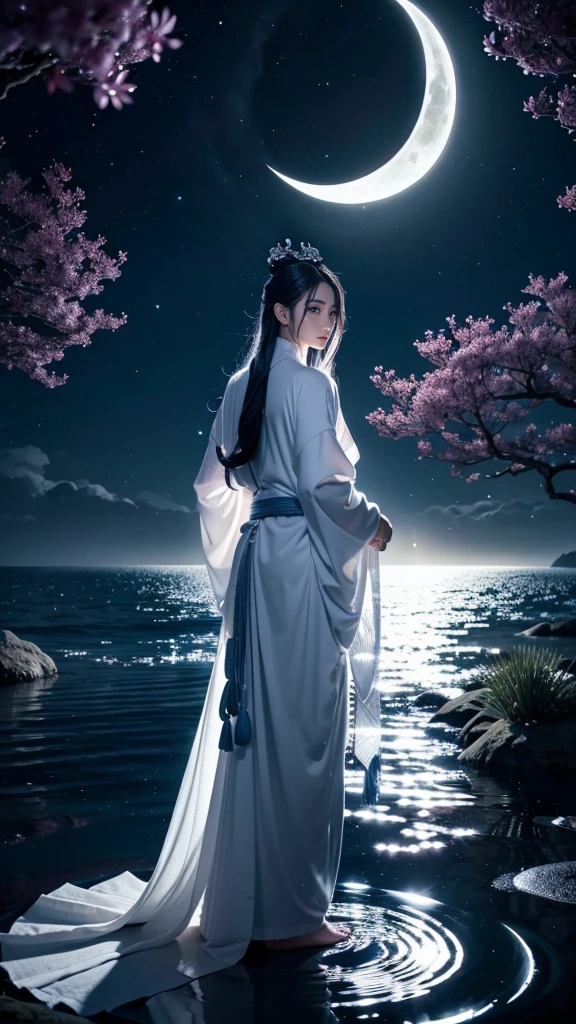**Prompt:** Create an ultra-realistic 8K resolution image of Tsukuyomi, the Japanese moon god from Shinto mythology. Tsukuyomi is depicted as a majestic and serene figure, embodying the tranquil beauty and mystique of the moon. He has long, flowing silver hair that cascades down his back, shimmering like moonlight. His eyes are a deep, glowing silver, reflecting the calm and ethereal nature of the night. His expression is serene, yet holds a hint of aloofness, as he gazes towards the heavens.
He is dressed in an intricately designed traditional Japanese robe, adorned with patterns of the moon and stars, in shades of deep blue, silver, and white. The robe flows around him like a gentle breeze, giving the impression of floating in a celestial realm. Tsukuyomi holds a delicate, ornate staff, topped with a crescent moon, symbolizing his dominion over the night.
The background features a stunning full moon illuminating a serene, night-time landscape with gentle waves reflecting the moonlight. The scene is serene and otherworldly, capturing the divine and timeless essence of Tsukuyomi as the revered moon god.