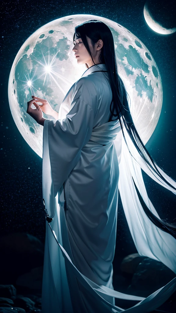**Prompt:** Create an ultra-realistic 8K resolution image of Tsukuyomi, the Japanese moon god from Shinto mythology. Tsukuyomi is depicted as a majestic and serene figure, embodying the tranquil beauty and mystique of the moon. He has long, flowing silver hair that cascades down his back, shimmering like moonlight. His eyes are a deep, glowing silver, reflecting the calm and ethereal nature of the night. His expression is serene, yet holds a hint of aloofness, as he gazes towards the heavens.
He is dressed in an intricately designed traditional Japanese robe, adorned with patterns of the moon and stars, in shades of deep blue, silver, and white. The robe flows around him like a gentle breeze, giving the impression of floating in a celestial realm. Tsukuyomi holds a delicate, ornate staff, topped with a crescent moon, symbolizing his dominion over the night.
The background features a stunning full moon illuminating a serene, night-time landscape with gentle waves reflecting the moonlight. The scene is serene and otherworldly, capturing the divine and timeless essence of Tsukuyomi as the revered moon god.