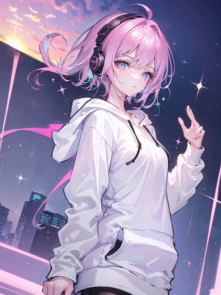 masterpiece, Highest quality, One Girl, Pink and blue hair, Mouth closed,, View your audience, , short hair, Sunset alone, Upper Body, ((Wearing a plain white hoodie)) 、((White headphones worn on ears)),moderate bust、German descent、Urban Background,Large Breasts,1 girl,((Sparkling Eyes))