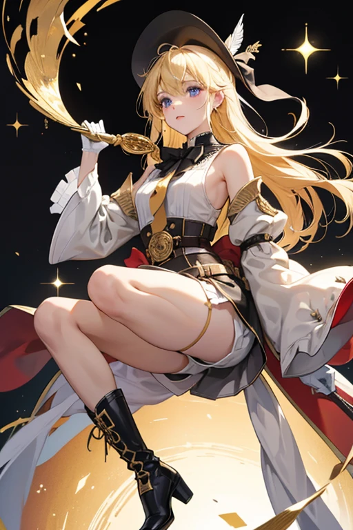 Charlotte wears a red cap with a gold-edged black brim, adorned with a black-and-white ribbon tied in a bow, golden studs, and a gold brooch with the form of a winged quill pen, complete with white feather. She wears a gold monocle with a dangling bow-shaped adornment over her left eye.
She wears a sleeveless and backless white collared shirt with diamond shaped gold buttons, with a black-and-gold ribbon tied in a bow around her neck, adorned with a round blue brooch resembling a camera lens. She has detached white sleeves with a ruffle at the ends. Over this is a short coat with red pumpkin sleeves ending in folded-back black cuffs and a black mantle-like top with gold trim connecting across her back. This is adorned with a black-and-white ribbon tied in a bow, secured with a gold brooch. On her hands she wears short white gloves with a small bow detail.
She wears black pleated shorts with gold details at the hem, over which she has a stiff red high-waisted overskirt with a slit over the right leg, gold details and gold trim, and two black straps at each side of the waist. This overskirt is secured by black and gold suspender straps. A wide white belt and thinner white strap with gold details sits across her hips, on which she hangs her camera in the front and a thin black journal on the back. A long, thin white strap dangles from where the journal is secured.
She wears a white pouch on her right leg, with her Pneuma-aligned Cryo Vision attached to the flap. She has short, red, heeled boots secured with a gold strap and white socks with black-trimmed cream fold over the tops of her shoes. SPARKLE; GLITTER