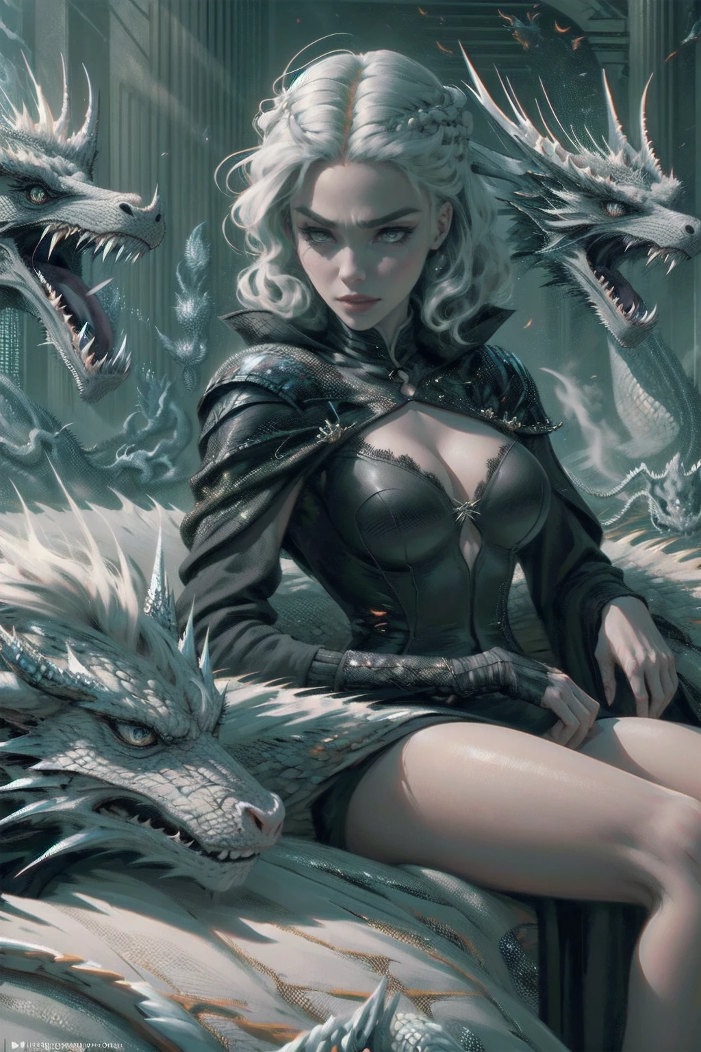 woman 30 years old, winterfel ,game of thrones clothes, dark castle, a woman (baela targaryen), black woman, black skin (black skin) medium hair, curly hair (white hair), (gray eyes) . Indifferent look , merciless. sitting in the dragons, (dragon) , flying, dinamic poses, egoist smile, upper body, angry face,