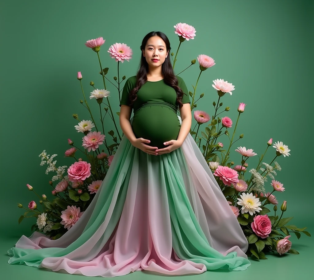 pregnant woman in green dress standing in front of a flower garden, a colorized photo inspired by Kim Du-ryang, shutterstock contest winner, conceptual art, draped in fleshy green and pink, maternal photography 4 k, full body portrait shot, full body photograph, green and pink, full body photoshoot, full body wide shot, full body portrait, award winning studio photo
