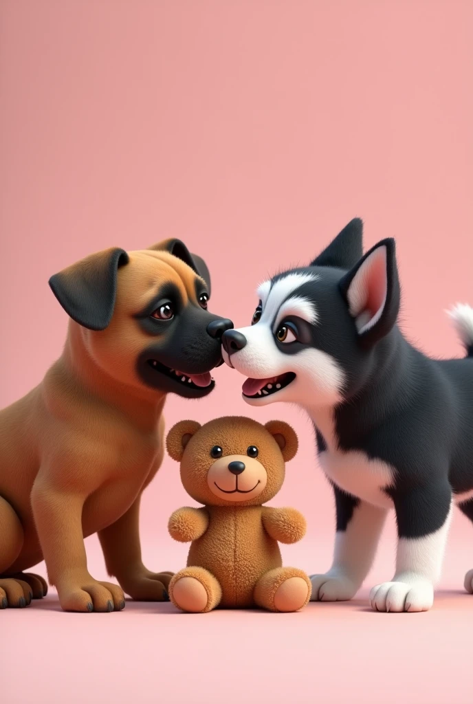 Create a realistic image of two dogs biting a teddy bear from the pink axolotl salamander template make friends, being one of the dogs a brown boxer and a black and white husky.