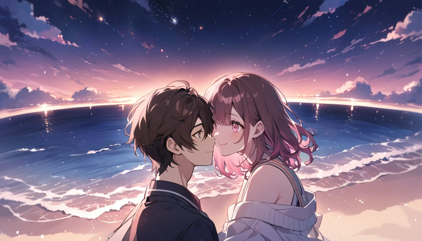 high school student,1 male,1 female,Medium Hair, Dark brown hair, Pink highlights on the tip, Pale pink eyes,Smile Facial,A vast night sky with twinkling stars,Ocean
