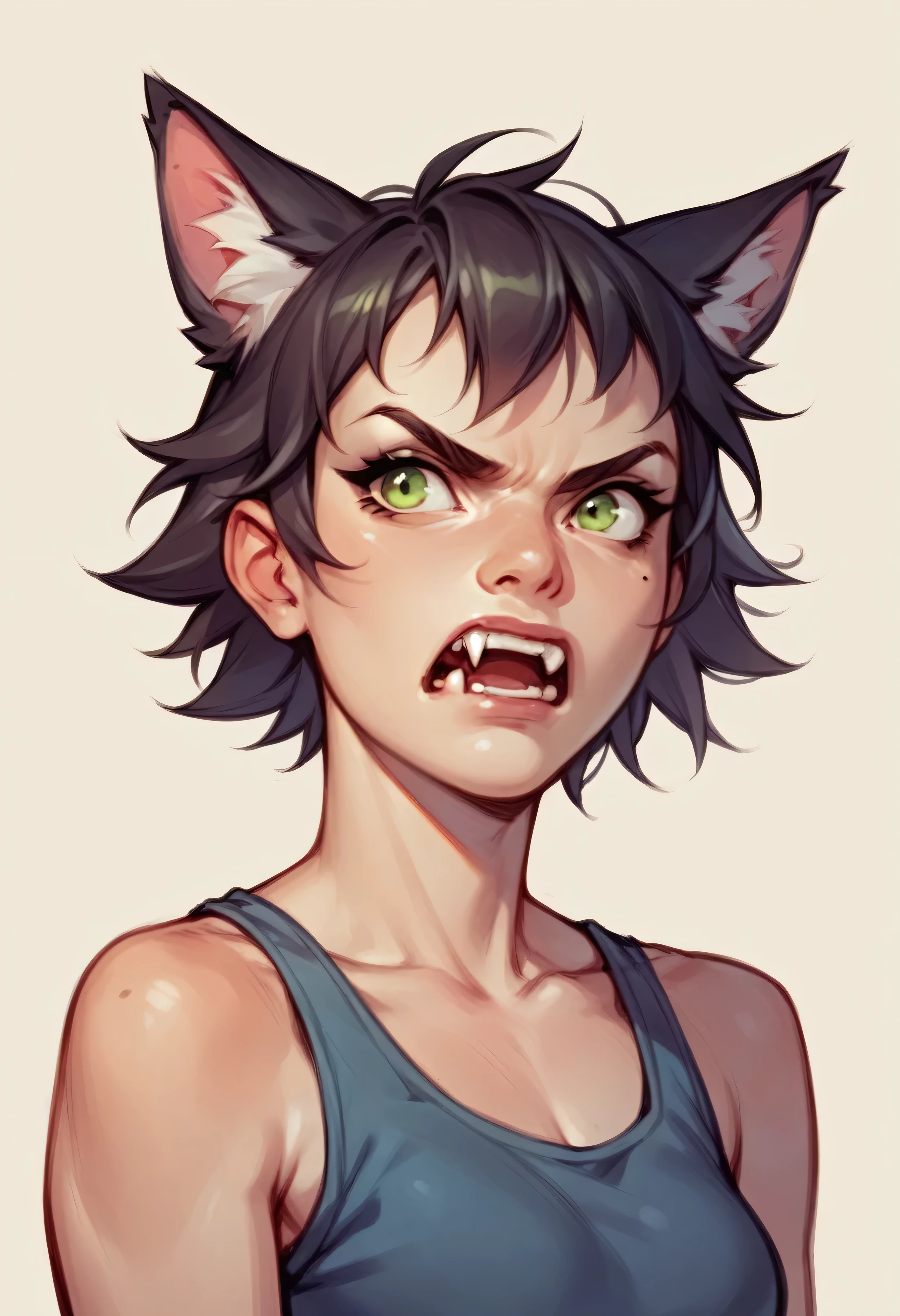 comics water color , sketch,young woman, half animal half human, with wolf ears, short black square hair, lime green eyes, angry, fangs