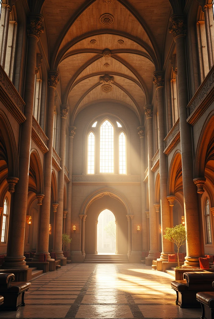 Romanesque style hotel lobby, with stone walls, ornate pillars, rounded arches, and Vaults with religious theme