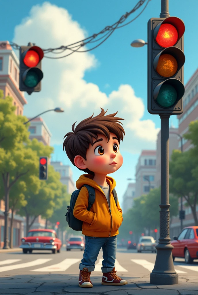 Draw a boy named Carlitos who has brown hair and is . . Carlitos loved cars and bicycles, But what caught his attention the most were the traffic lights.. He always wondered how they worked and why cars and people obeyed them..
