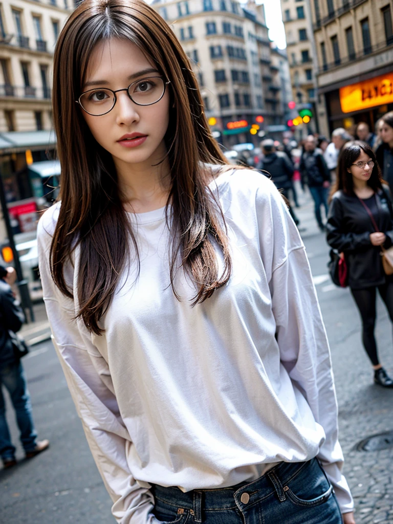 Photo of a beautiful woman standing on a street corner, (masterpiece:1.2, highest quality), (Realistic, photoRealistic:1.4), Beautiful illustrations, (Natural Side Lighting, Cinema Lighting), Written boundary depth, Beautiful thighs staring at the viewer, (((Face Focus, Upper Body))), 1 female, 30-year-old, alone, thin, slender, small breasts!!!, short hair, straight hair, Forehead, thin, slender, (((glasses))), long sleeve T-shirt, Denim pants, Are standing, Paris on a clear day with busy street in the foreground