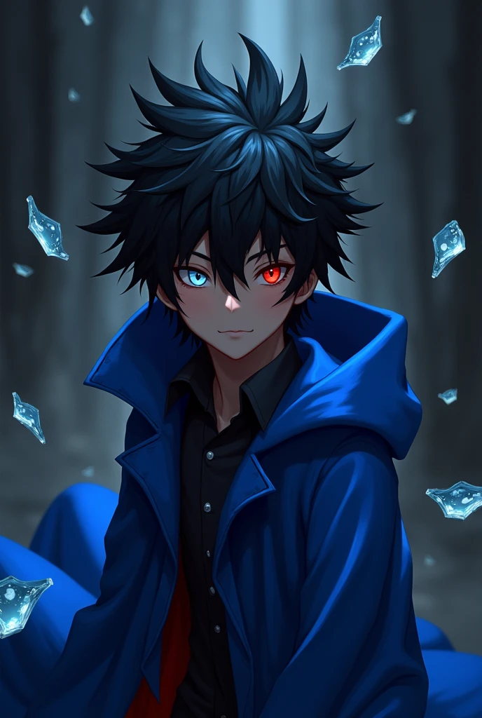 A dark-skinned anime youth with spiky black hair,one white eye and one red,a blue overcoat and eye-shaped shards of glass floating around