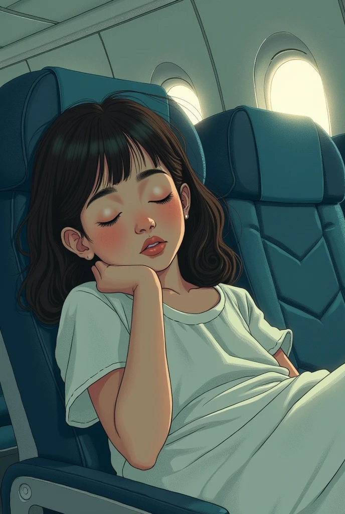Generate a drawing of the girl who appears in the story of Gabriel García Márquez "sleeping beauty's plane" q tengo trazos para poder calcar 😭 la chica está dormida adentro del avión 🐢
