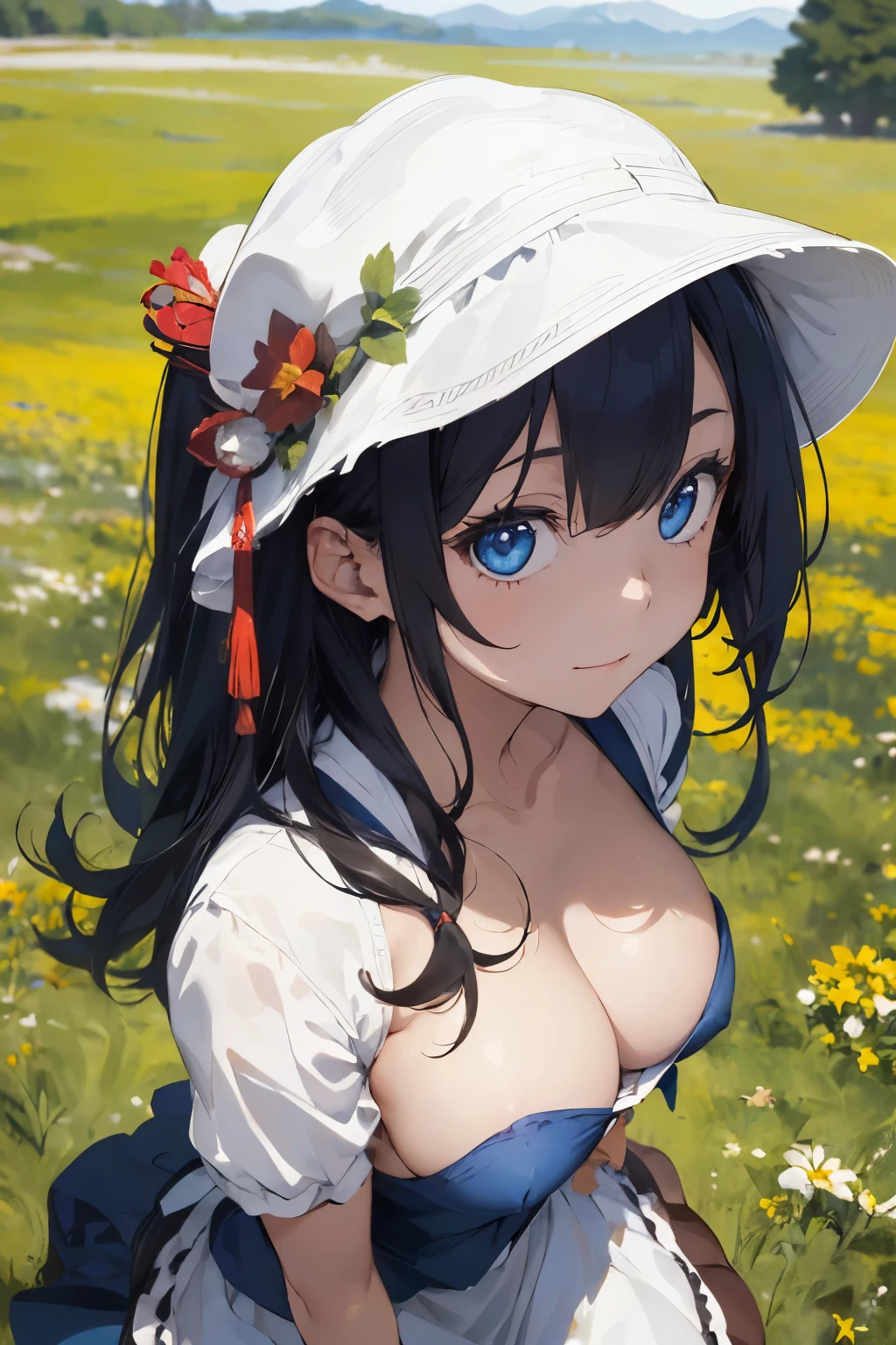 ((Top Quality)), ((Excellent)), (Details), ((Japanese)), Ultra-Realistic, Stunning Environment, Vivid Colors, , Black Hair, (Young Face), ((Straight Hair)), Shiny Hair, medium Breasts, ((White Maid Outfit)), ((Shirtless)), ((French Maid)), ((White Brim)), ((from_side)) , ((From Above)), ((Blue Eyes)), Half-Smiling, ((topless)), Upper Body, Shiny Hair, Blunt Bangs, ((medium Breasts)),((Emphasized Cleavage)) , ((Leaning Forward)), ((Blue Eyes)), Masterpiece, Ultra-Realistic, ((Upper Body)),((topless)), Outdoors, Grassland, Flower Field, Natural Light, Vivid Colors,Shirtless,
