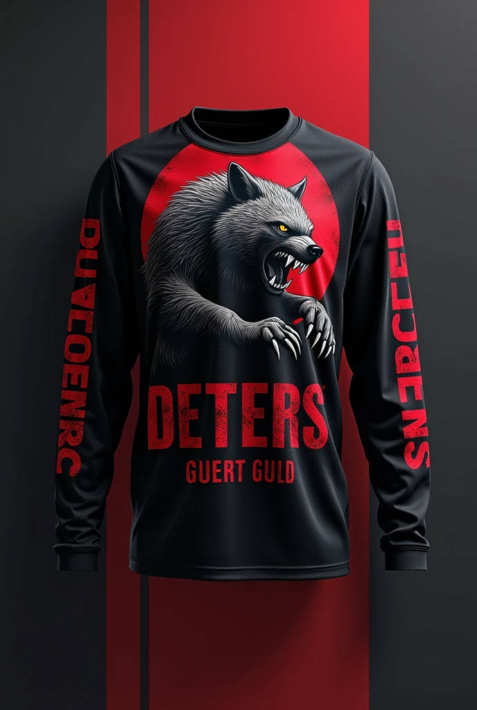 Long sleeve jersey in black and red with an animated image of a gulo gulo, with the word DESERTERS