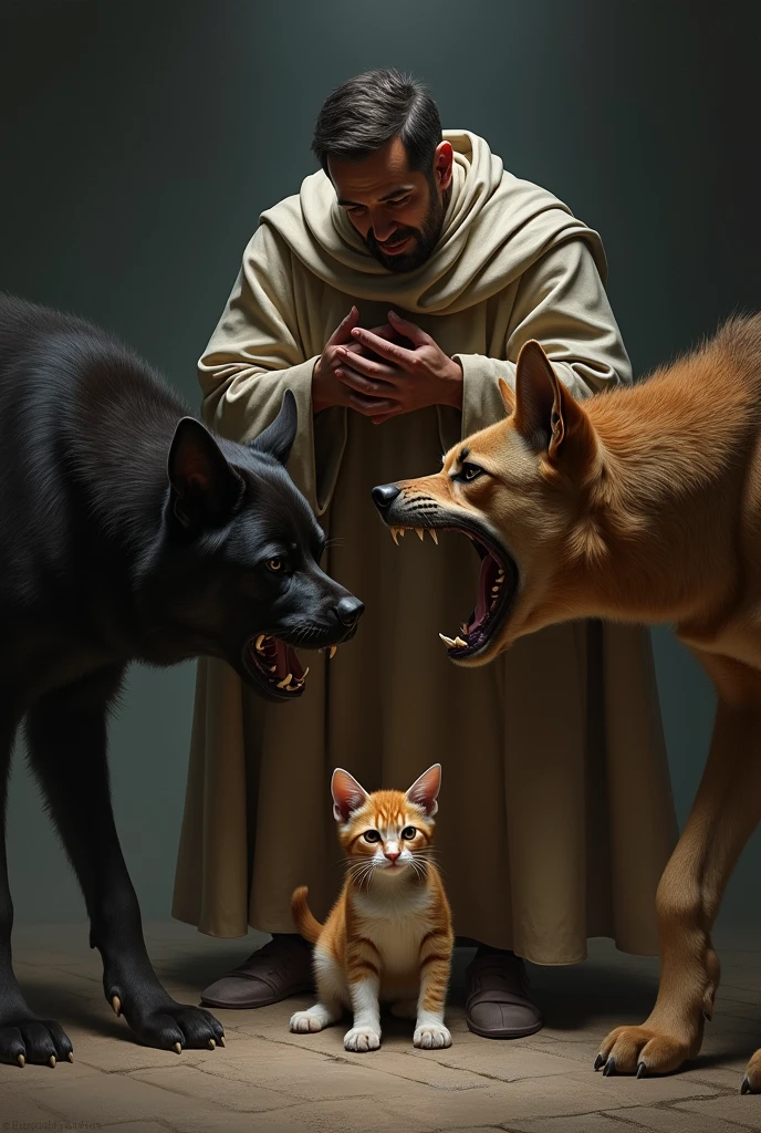 Saint John Bosco protecting a tender cat from two fierce dogs with evil eyes