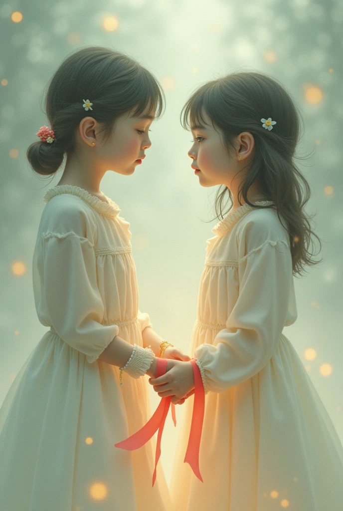 Girls joined by a ribbon tied to their surreal wrist