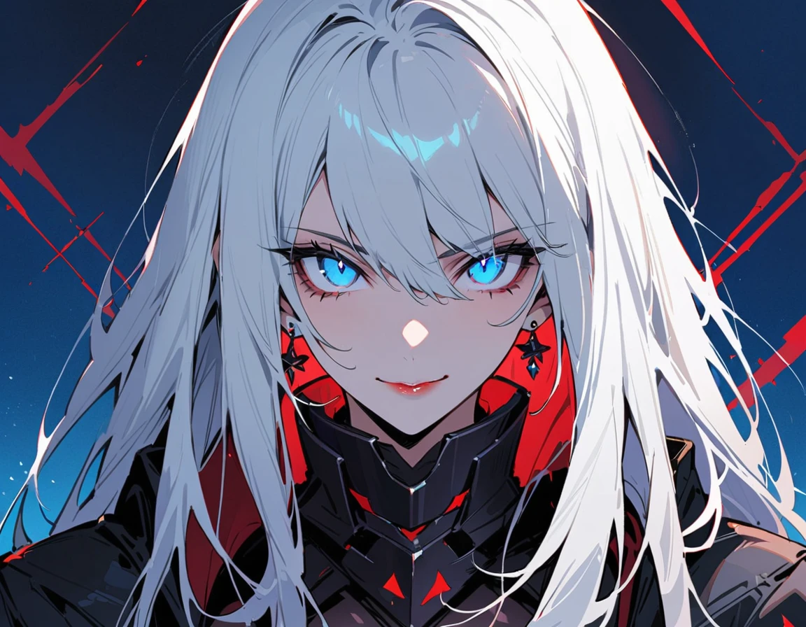 The Minimalists,Fashion Girl,white hair,Blue Background,Wear special earrings,Bohemian style,Clear lashes,full of bright blue eyes,Clean and transparent eyes,close up,Portrait facing camera,Smile flat illustration,geometry,Clean,Japanese Manga, Long white hair, blue eyes, evil, sexy, black and red clothes, evil face, evil, serious look, gloss lips, sinister, front look, bloody, gloves, close up, portrait, beautiful eyes, dark place, night, sensual, straight hair cut, clear skin, evil, young 30 years girl, adult girl, solo, red, very long hair, ankle length hair, handsome older WOMAN,blue-eyes,blue pupils,Long white hair,Hyperresolution,accuracy,Detailed rendering,(Image of fine hair)(topquality)(Masterpieces of masters)(High degree of completeness)(A sense of atmosphere)tmasterpiece,Super detailed and super detailed(((full-body)))(((White and black fur fighter outfit))