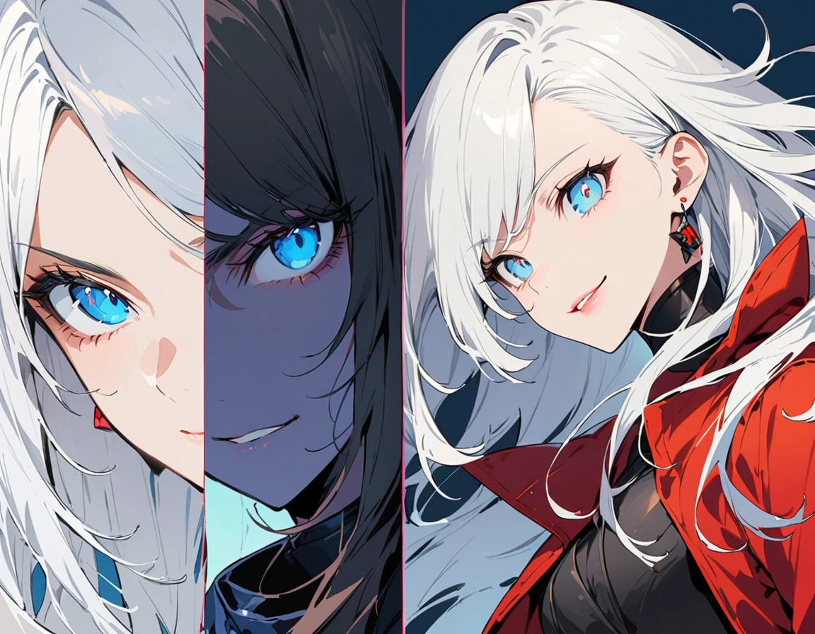 The Minimalists,Fashion Girl,white hair,Blue Background,Wear special earrings,Bohemian style,Clear lashes,full of bright blue eyes,Clean and transparent eyes,close up,Portrait facing camera,Smile flat illustration,geometry,Clean,Japanese Manga, Long white hair, blue eyes, evil, sexy, black and red clothes, evil face, evil, serious look, gloss lips, sinister, front look, bloody, gloves, close up, portrait, beautiful eyes, dark place, night, sensual, straight hair cut, clear skin, evil, young 30 years girl, adult girl, solo, red, very long hair, ankle length hair, handsome older WOMAN,blue-eyes,blue pupils,Long white hair,Hyperresolution,accuracy,Detailed rendering,(Image of fine hair)(topquality)(Masterpieces of masters)(High degree of completeness)(A sense of atmosphere)tmasterpiece,Super detailed and super detailed(((full-body)))(((White and black fur fighter outfit))