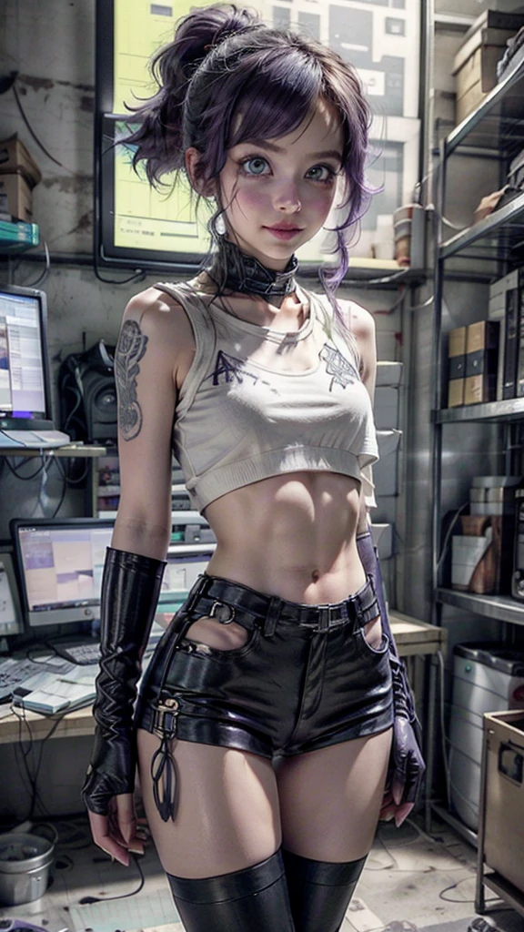 A hot cute young woman dressed in sexy cyberpunk clothes, facing camera, a little smile, standing in front of a wall of computers, intricate designs, Smokey room, purple Celtic tribal tattoos, ((purple eye iris, flat chested, toned abs, baby face)), (intense colors), undercut purple hair with ponytail, cyberpunk background, dressed in cyberpunk leather clothes, cameltoe showing, puffy vulva, facing forward