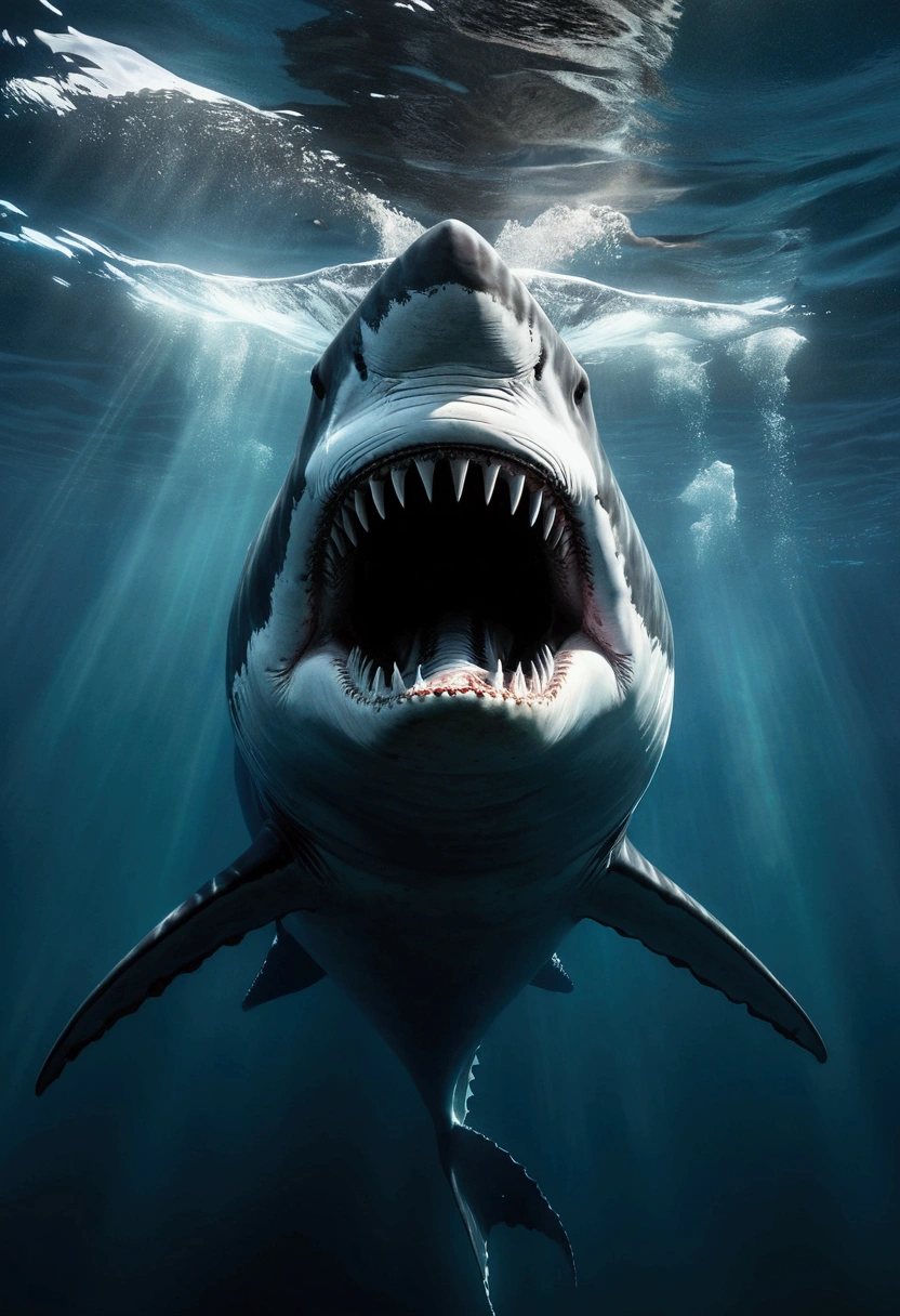 Create a dramatic and awe-inspiring underwater scene featuring a colossal megalodon shark engaged in the process of swallowing a massive whale. The megalodon should be depicted as a truly formidable predator, showcasing its enormous size and powerful jaws wide open, engulfing the whale with immense force. The shark's scales should be rendered with intricate details, highlighting its prehistoric, rough texture. The whale should appear dynamic and realistically positioned within the megalodon's jaws, emphasizing the scale difference between the two giants. The scene should be set in a deep, murky ocean environment with dim, filtered light penetrating the water, casting eerie shadows and reflections. Add elements such as bubbles, disturbed sediment, and small marine life fleeing from the scene to enhance the sense of motion and chaos. The overall composition should evoke a sense of raw power and the dramatic, predatory nature of the megalodon in its natural, ancient habitat."
