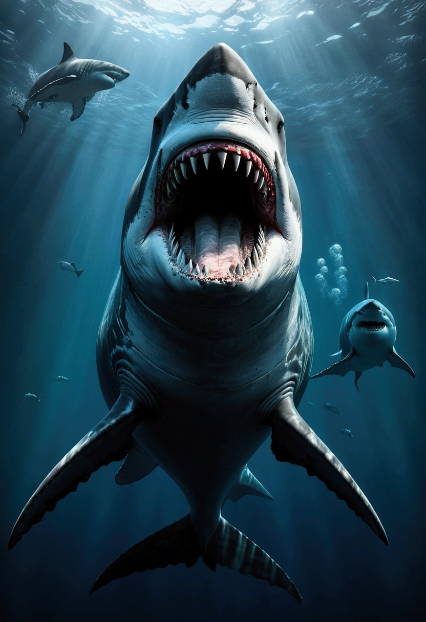 Create a dramatic and awe-inspiring underwater scene featuring a colossal megalodon shark engaged in the process of swallowing a massive whale. The megalodon should be depicted as a truly formidable predator, showcasing its enormous size and powerful jaws wide open, engulfing the whale with immense force. The shark's scales should be rendered with intricate details, highlighting its prehistoric, rough texture. The whale should appear dynamic and realistically positioned within the megalodon's jaws, emphasizing the scale difference between the two giants. The scene should be set in a deep, murky ocean environment with dim, filtered light penetrating the water, casting eerie shadows and reflections. Add elements such as bubbles, disturbed sediment, and small marine life fleeing from the scene to enhance the sense of motion and chaos. The overall composition should evoke a sense of raw power and the dramatic, predatory nature of the megalodon in its natural, ancient habitat."