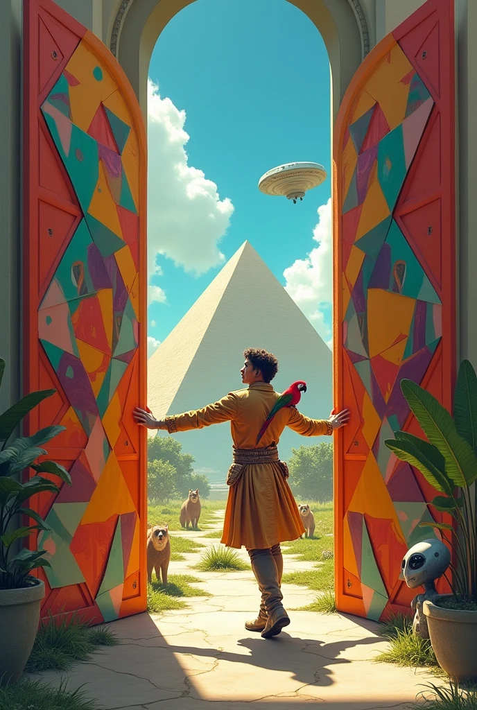 Un homme avec des vêtements futuristes pousse des deux mains des portes futuristes avec des figures géométriques de couleurs différentes sur la porte et devant lui une pyramide avec de l'herbe et des animaux ,le tout ressemblent à la peinture que j'ai publié et un robot et à côté devant une des portes et le personnage caucasien avec un Péroqué sur l'épaule et un aspect baroque est légèrement ajouté une soucoupe volante est ajouté et un extra terrestre petit gris,le personnage se tient droits les jambes légèrement écartées en poussant les portes